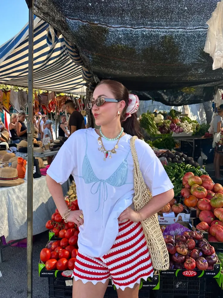 American Vintage Summer OOTD Bikini Print Spicy Girl ort Sve T-irt Women's Trendy Streetwear Oversize Cotton round Ne