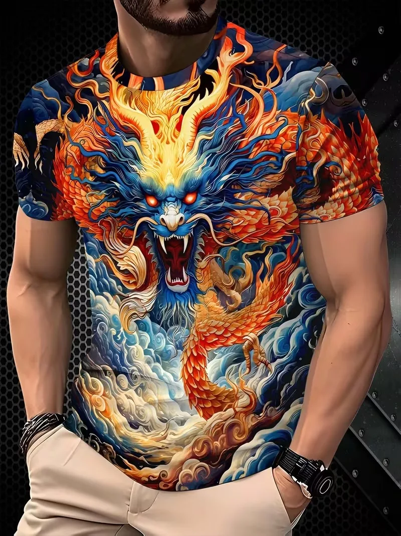 Men's China-Chic Shenlong Print Short Sleeve T-shirt Summer Street Fashion Sports Fitness Street Men's Fashion Short Sleeve Tops