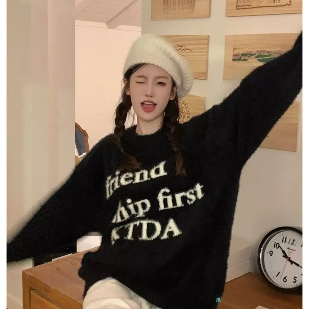 

Women's American Style Retro Knitted Sweater Spring Autumn Casual Trendy Loose Top Design Sense Niche Lazy Style