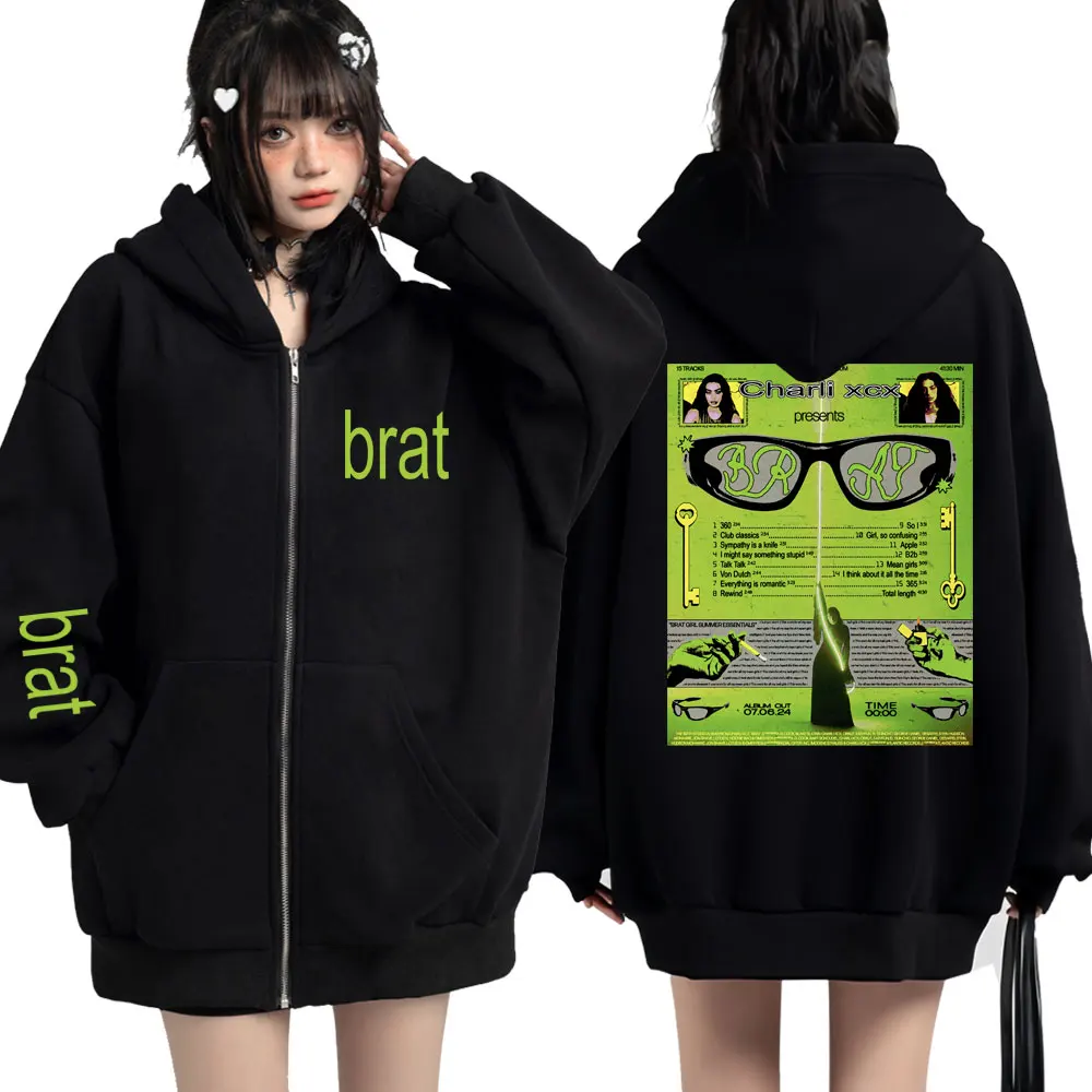 

Vintage Charli Xcx Brat Album Zip Up Hoodie Men Women Trendy Autumn Winter Hoody Sweatshirt Fleece Casual Loose Coats Streetwear