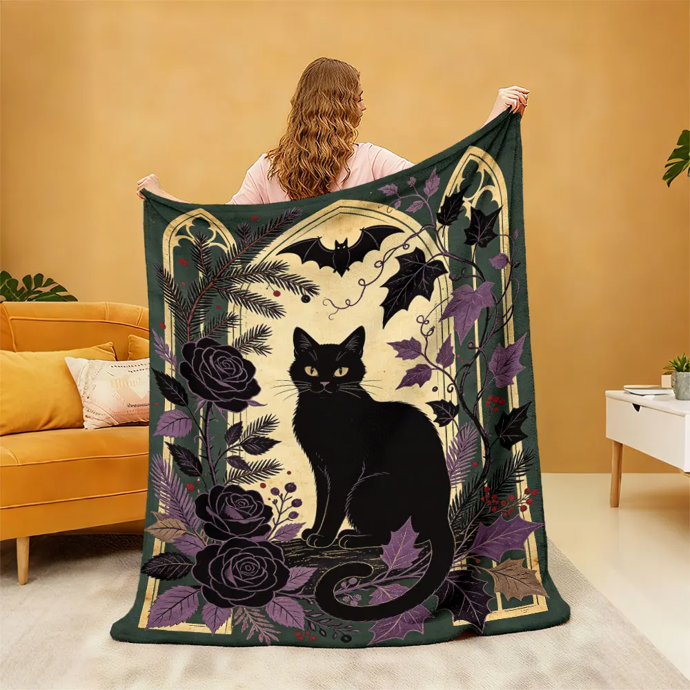 1Pc Gothic Black Rose Black Cat Bat Print Flannel Blanket Multi Sizes Soft Sofa Cover Light Throw For Office Break Nap Home L