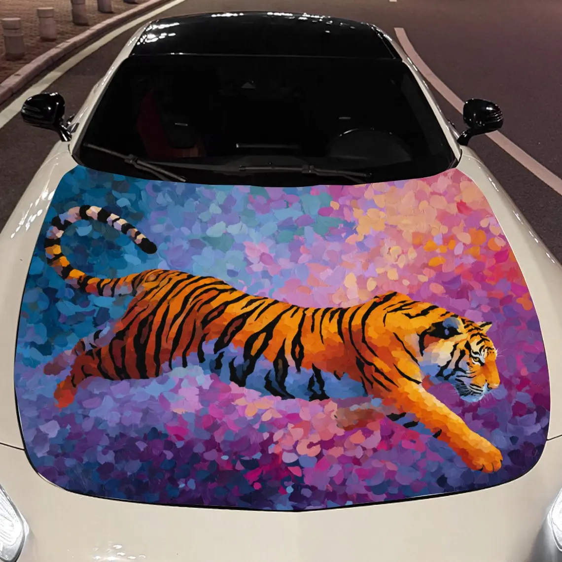 Car Decals A Tiger With A Vivid And Dynamic Aura In A Colorful, Abstract Backdrop Car Hood Sticker, Waterproof Self - Adhesive V
