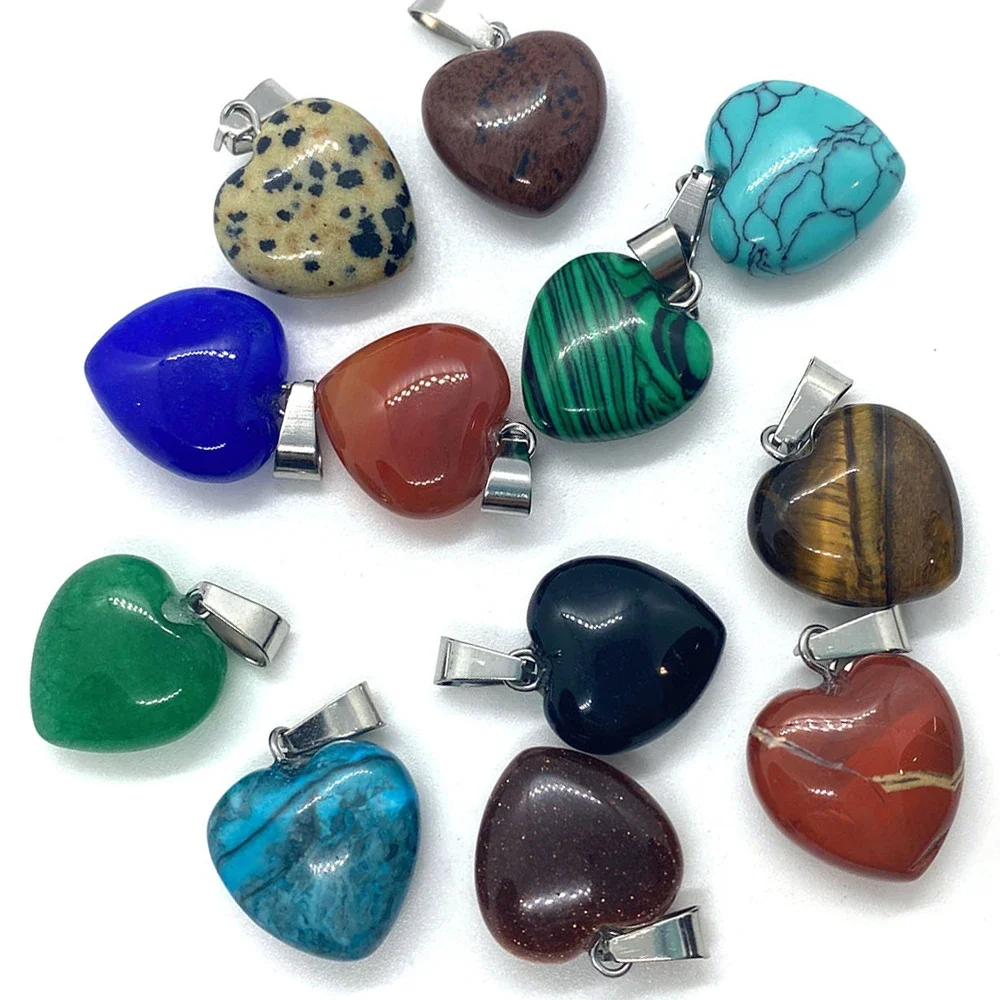 Natural Stone Love Heart Necklace Pendant Green Aventurine Pink Crystal Agate Blue Pine DIY Bracelet Earring Accessories