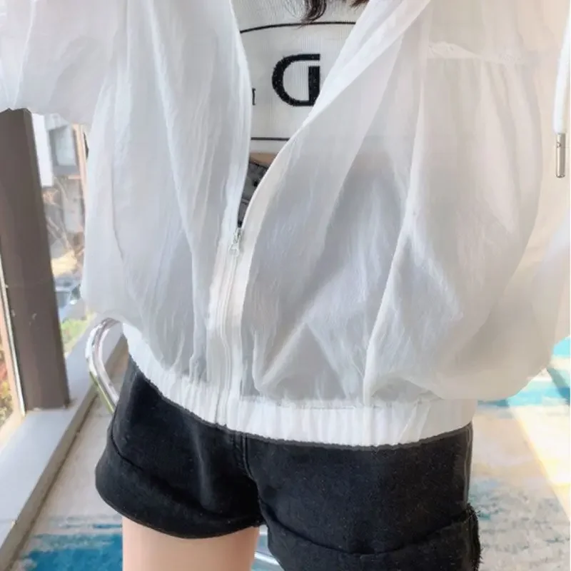 Jackets Women White Hooded Jacket Long Sleeve Quick Dry Thin Tops Bomber Jacket Spring Summer Coats Sportswear Korean Fashion