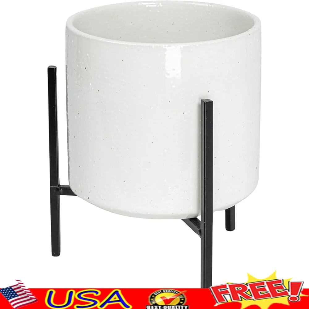 

Modern Black White Stoneware Planter with Metal 3-Leg Stand Perfect Indoor Outdoor Plants Easy Clean Design