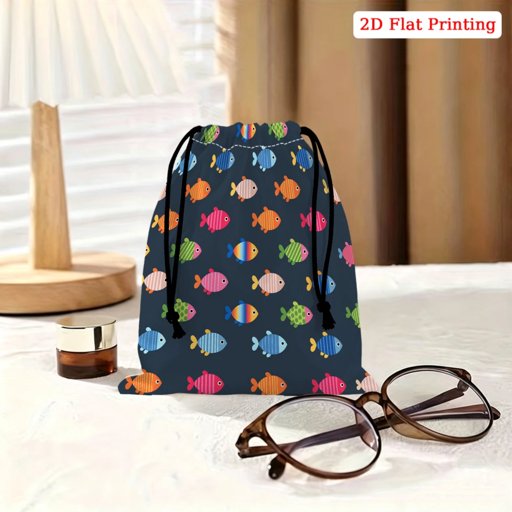 1Pc Cartoon Fish Print Drawstring Bag Navy Blue Colorful Sea Creature Storage Small Pouch For Glasses Sunglasses Jewelry Cosmeti