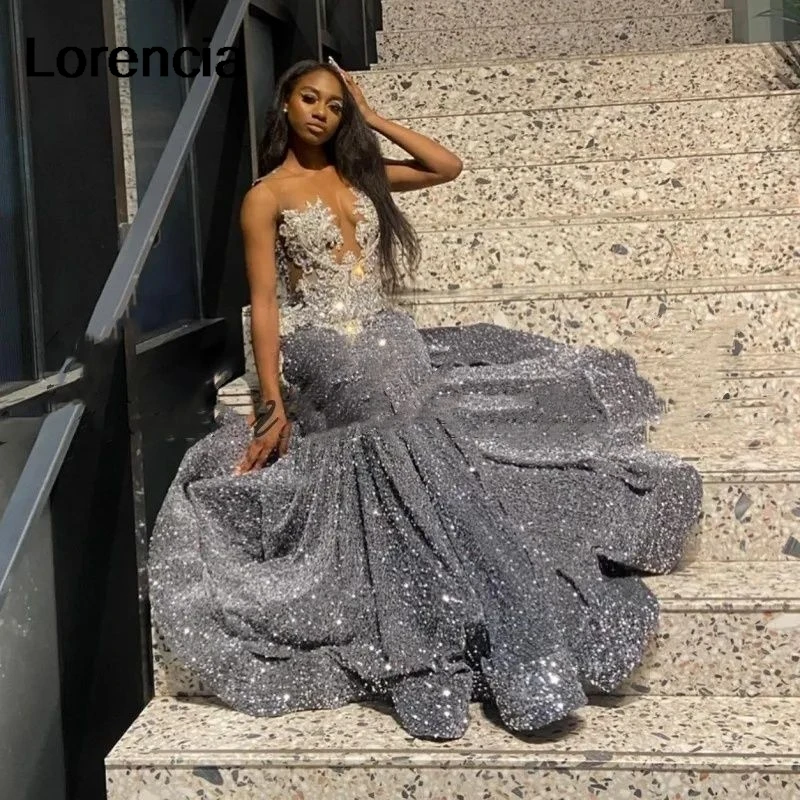 Lorencia-vestido De graduación De sirena con lentejuelas plateadas brillantes para niñas negras, vestido De fiesta De cumpleaños con cuentas De cristales, YPD44