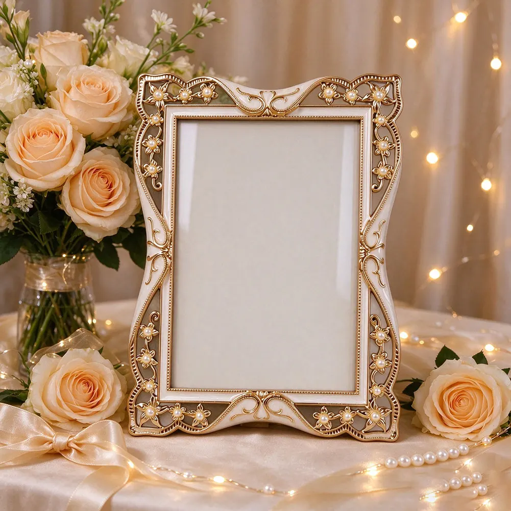 Vintage Metal Photo Frame With Pearl Inlay Tabletop Picture Holder For Wedding Family Photo Home Living Room Bedroom Decoration