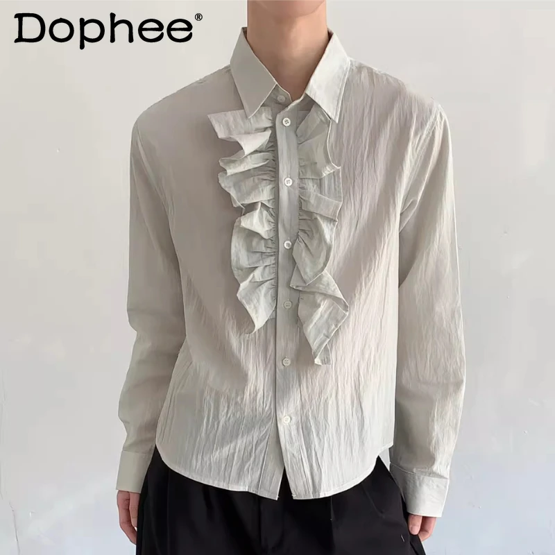 

Men's 2026 Spring New Lapel Solid Color Tops Light Luxury Simple Chic Shirts Fashion Lotus Leaf Edge Elegant Long Sleeve Shirts