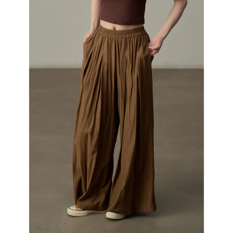 KWTX 2025 Spring Summer Women’s Vintage Streetwear 2-Piece Set Casual Pleated Shirt & Wide Leg Pants Coffee Luxury High Quality