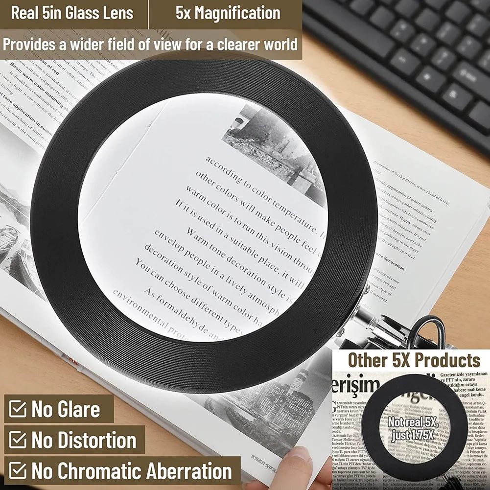 ABWZ-Magnifying Glass With Light And Bracket,3 Color Modes Stepless Dimmable LED Desk Lamp, Used For Reading And Repairing