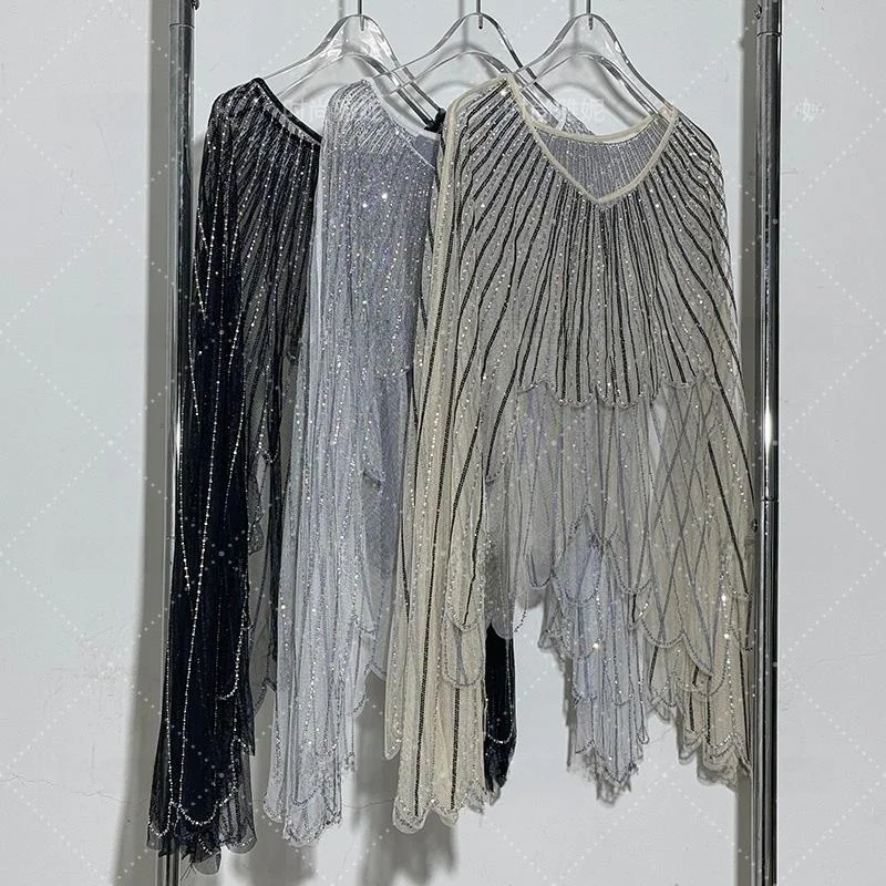 

Faionable Diamond Beaded oulder Wrap Cover up Wings Outer Top Women's Sle Commute Spring ort Pure Color Loose Fit