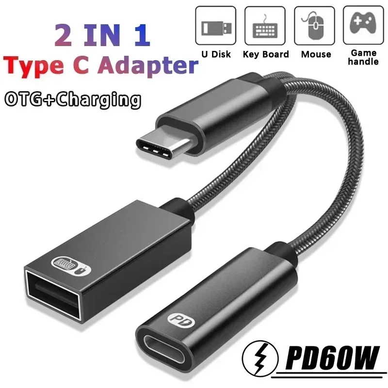 ZLRLMHY USBOTGCharging IPad Pro Samsung Huawei Xiaomi Laptop Tablet PD 60W Adapter Cable 2-in-1 Type C To USB 2.0 Data Converter