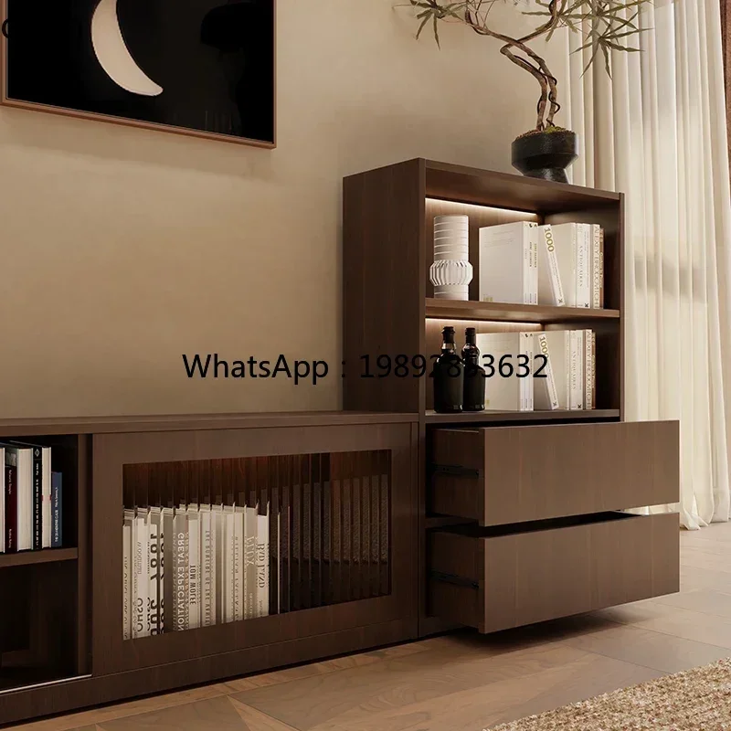 v6 floor TV cabinet, coffee table all-in-one combination side cabinet, living room storage locker, solid wood