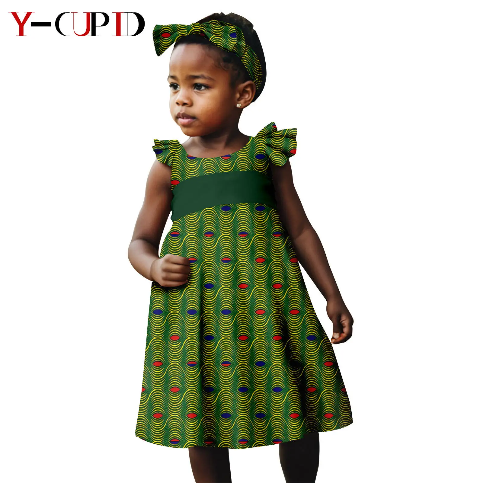 Afrika Kleding Dashiki Meisjes Ankara Print A-Lijn Jurken Met Hoofdband Hoofddoek Bazin Riche Kinderen Outfits Y234027