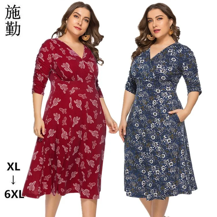 

The new spring and summer 2022 ladies v-neck posed pocket 7 minutes of sleeve printed dresses