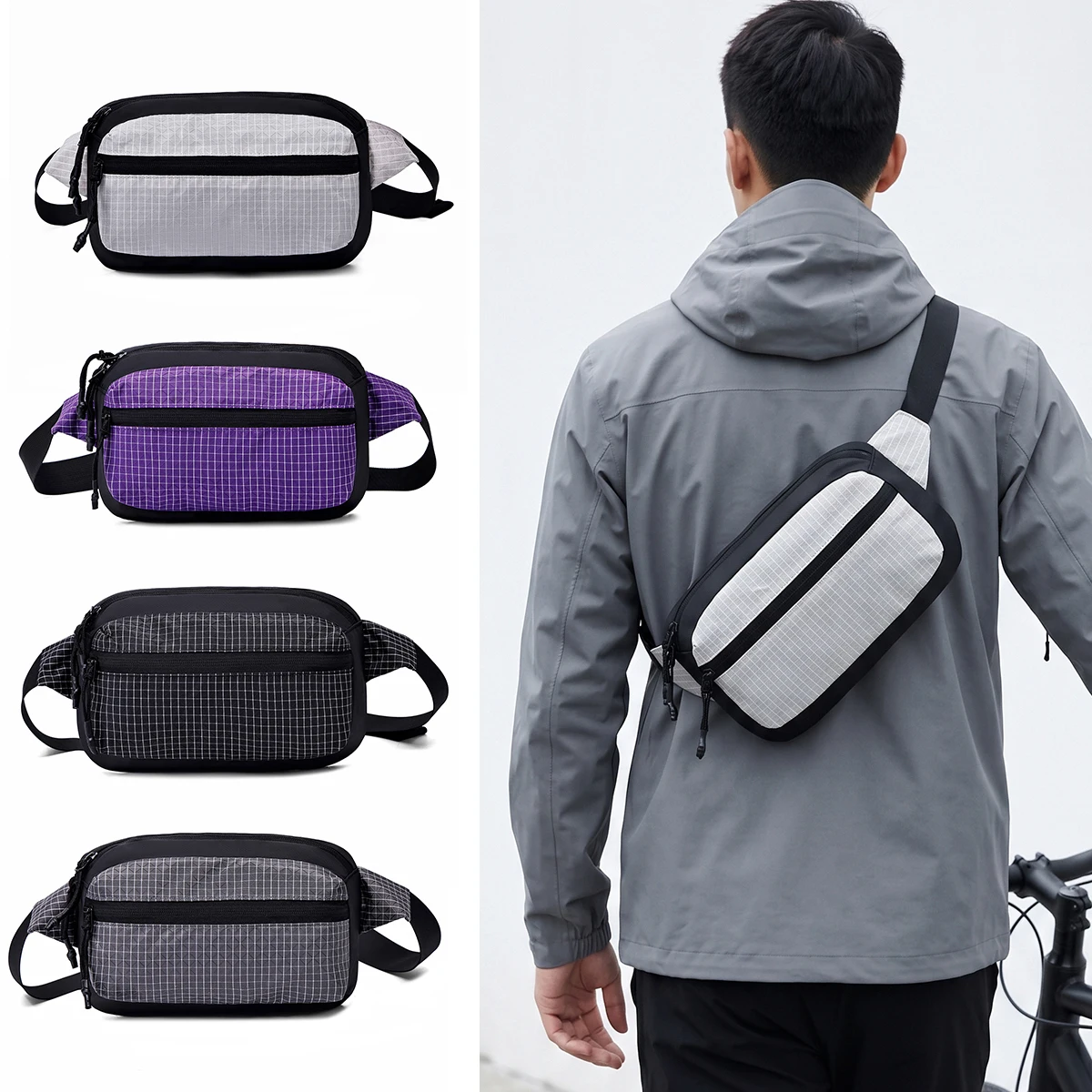 bolsa-de-peito-unissex-xadrez-para-uso-externo-pequena-transversal-de-ombro-Unico-para-celular-em-tecido-de-nylon-imperm