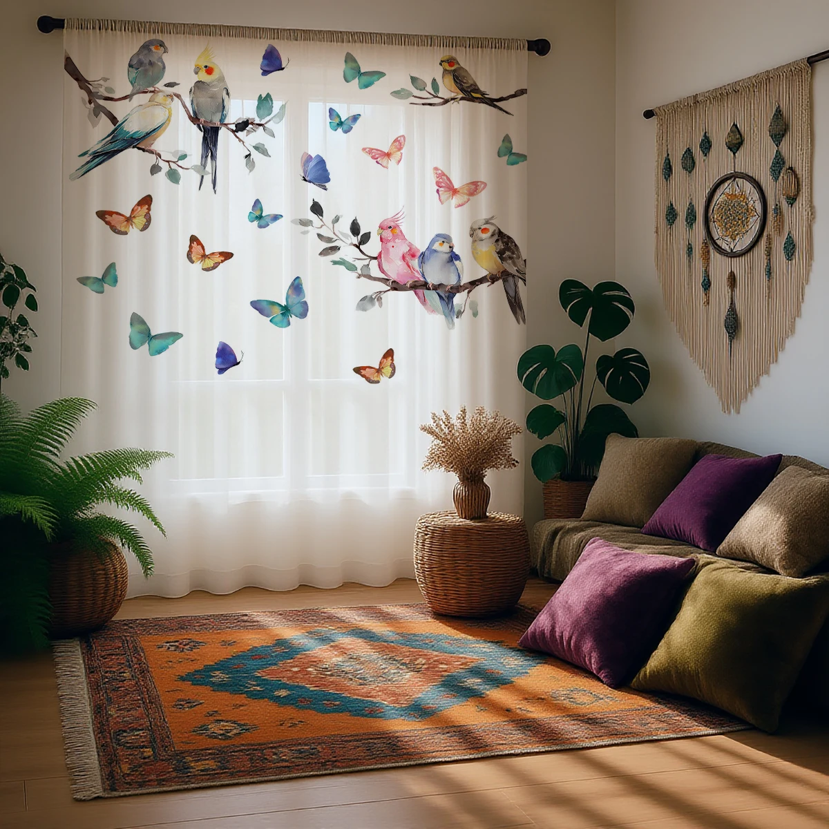 1pc Parrot & Butterfly Sheer Curtain - Watercolor Pattern Pole Window Curtain for Nature Home Decor