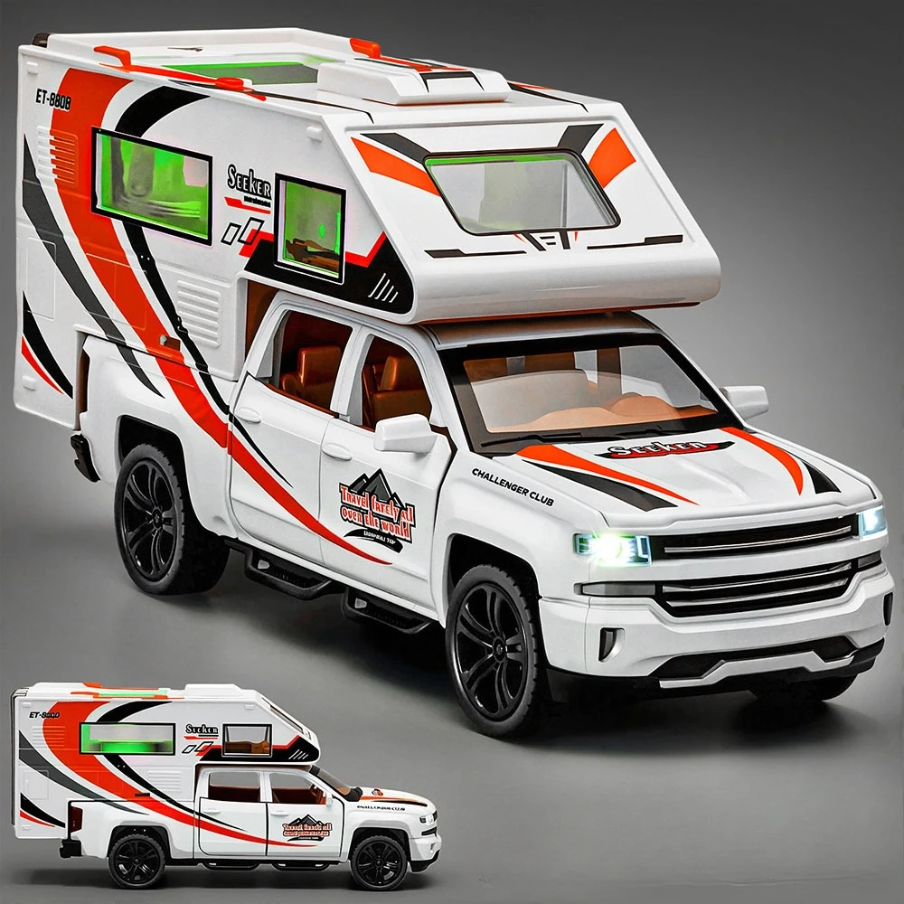 

1:32 Кемпинговый автомобиль, миниатюрная модель автомобиля, игрушки, литой под давлением сплав, туристические двери автофургона, открытый звук, свет, откатный автомобиль, подарок на день рождения для мальчика