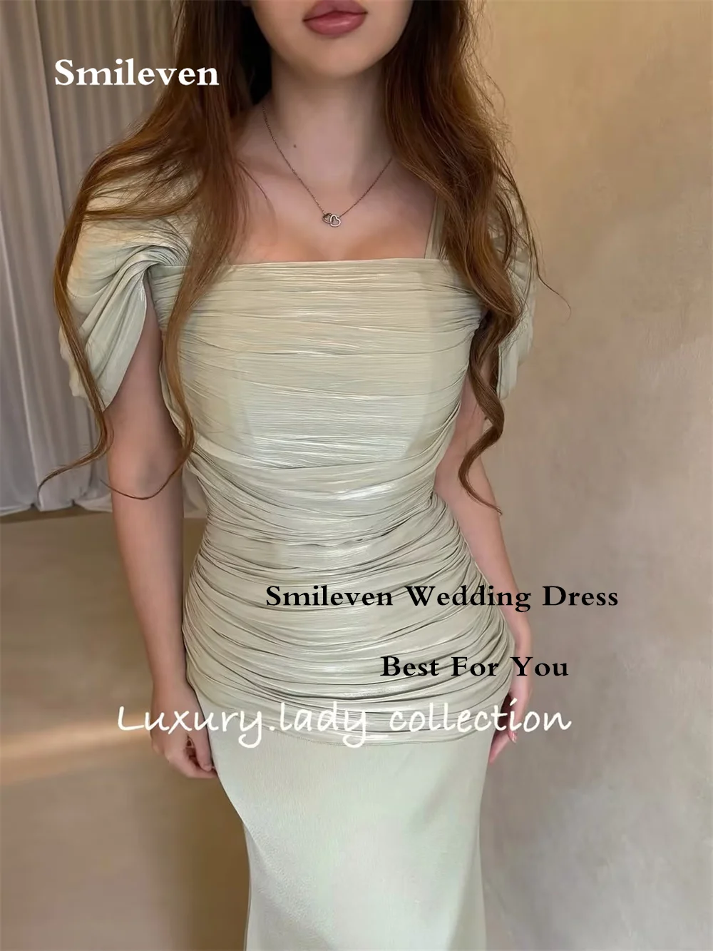 Smileven Sage Green Crinkle Chiffon Evening Dresses Square Neck Puff Sleeve Ruched Mermaid Dress Formal Prom Gowns Customized