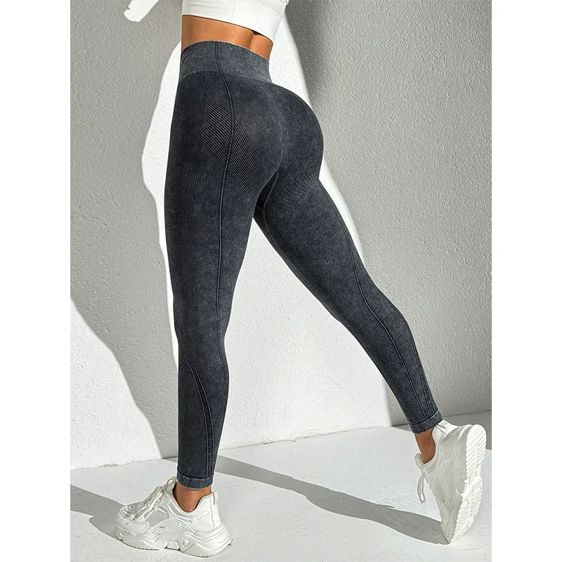 Women Washed High Waist Tummy Control Butt Lifting Seamless Faux Denim Yoga Pants High Stretch Workout Running Fashion Leggings
