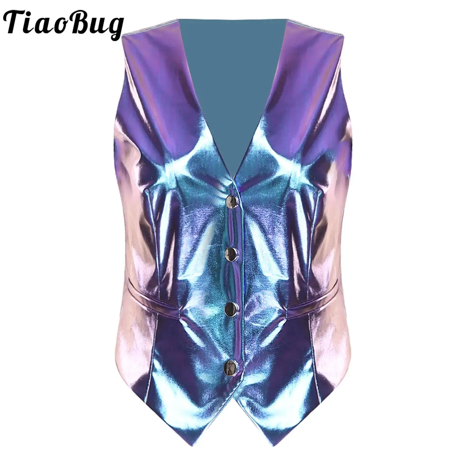 Women Shiny High Look Vest Tank Top Solid Color Front Pressing Button Fully Lined Waistcoat for Stage Dance Raves Club Vests