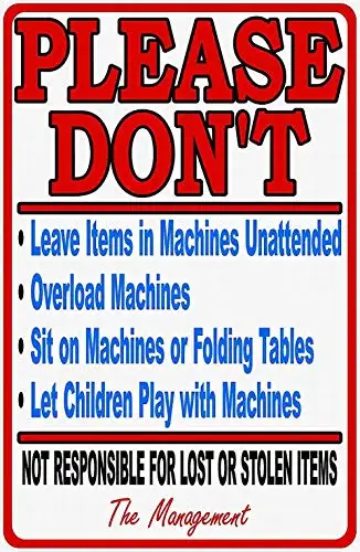 Safety Sign Notice Danger Warning 12x8 Decor Laundromat Rules & Liability Sign