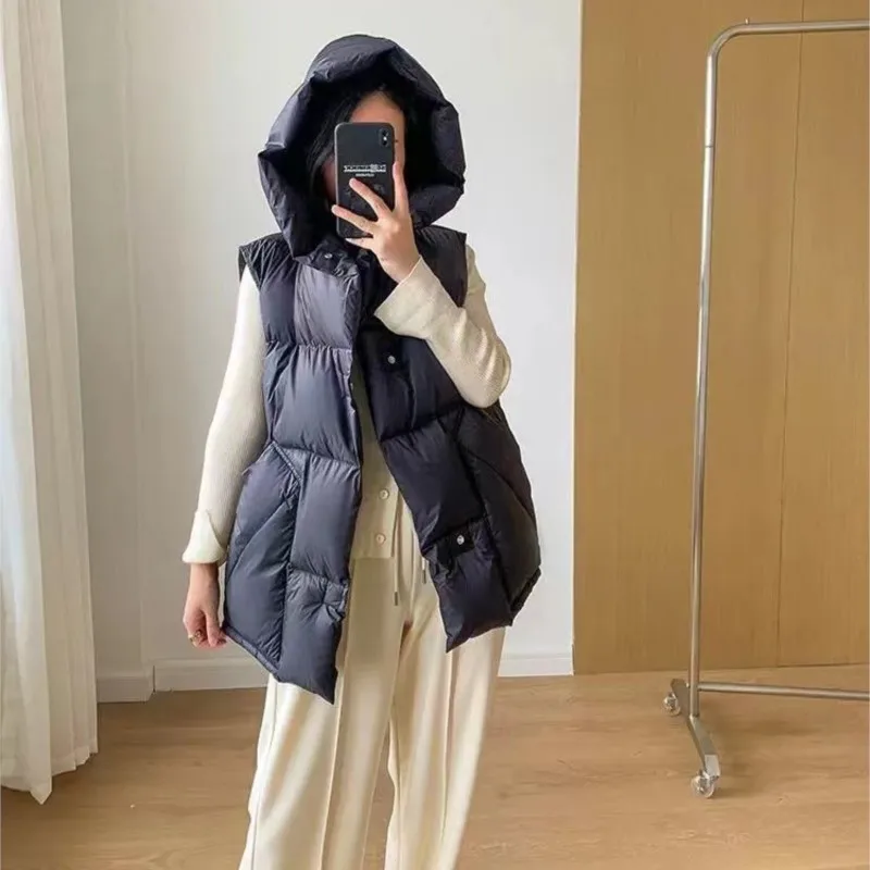 Hooded Pocket Vest Casual Solid Sleeveless Coat For Women Loose Stand Collar Winter Fashion Jacket 2023 Dropshipping