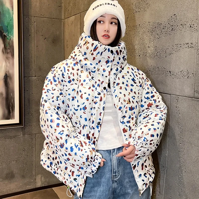 Down Cotton Coat Womens 2023 New Winter Jacket Short Loose Padded Coats Printing Hooded All-match Fashion Korean Bread Jackets