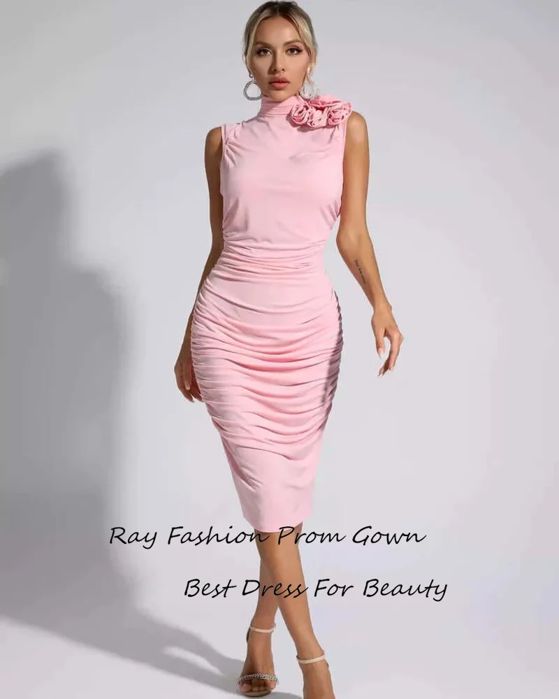 

Ray Vestidos de noche 2024 New Prom Dresses O-Neck Tea-Length Straight Elegant Flower Ruched Cocktail Party Gowns For Sexy Women