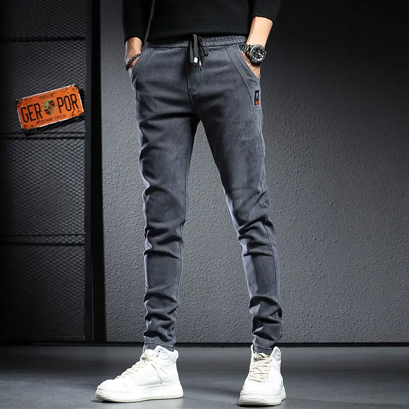 Autumn Winter Baggy Jeans Man Brushed Thicken Wool Plush Cowboy Black Korean Designer Clothing Cargos Drawstring Slim Trousers