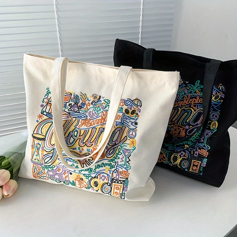 

Canvas Tote Bag For Women, Embroidered Boho Style Shoulder Bag, Literary Art Colorful Handbag, Shopping Bag