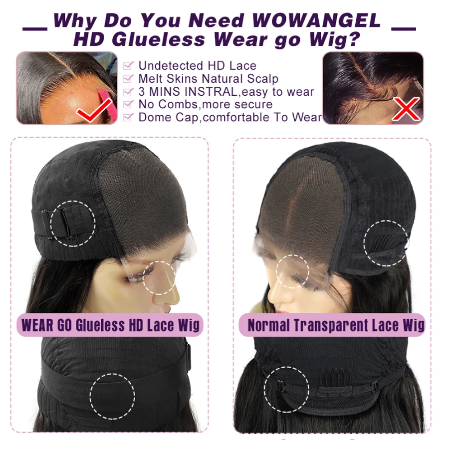 Wow Angel 6x 6/5X5 HD Wig Penutup Renda Wig Rambut Manusia Tanpa Lem Siap Dipakai 250% Rambut Lurus Peru Bagian Dalam Wig Weego