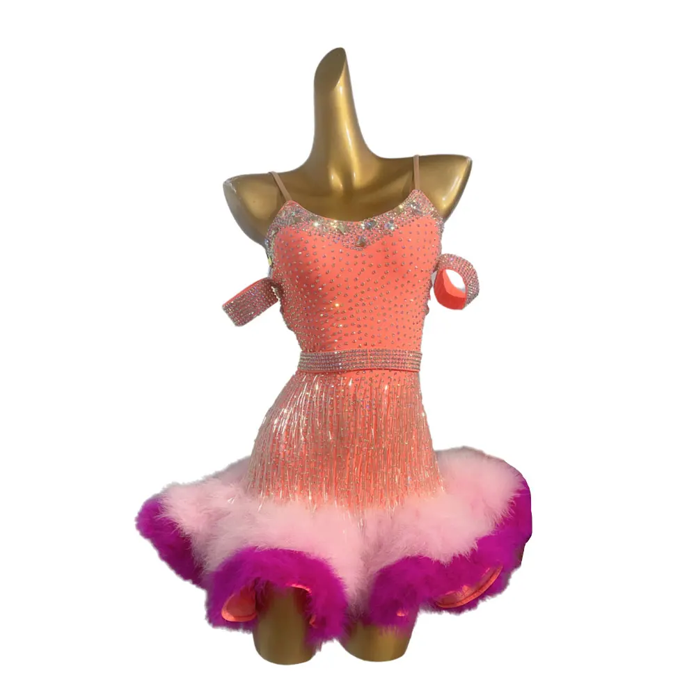 Latin Dance Costume, Rhinestone Women's Clothing, High-end Customized Two-color Plush Skirt, Samba Performance Dress