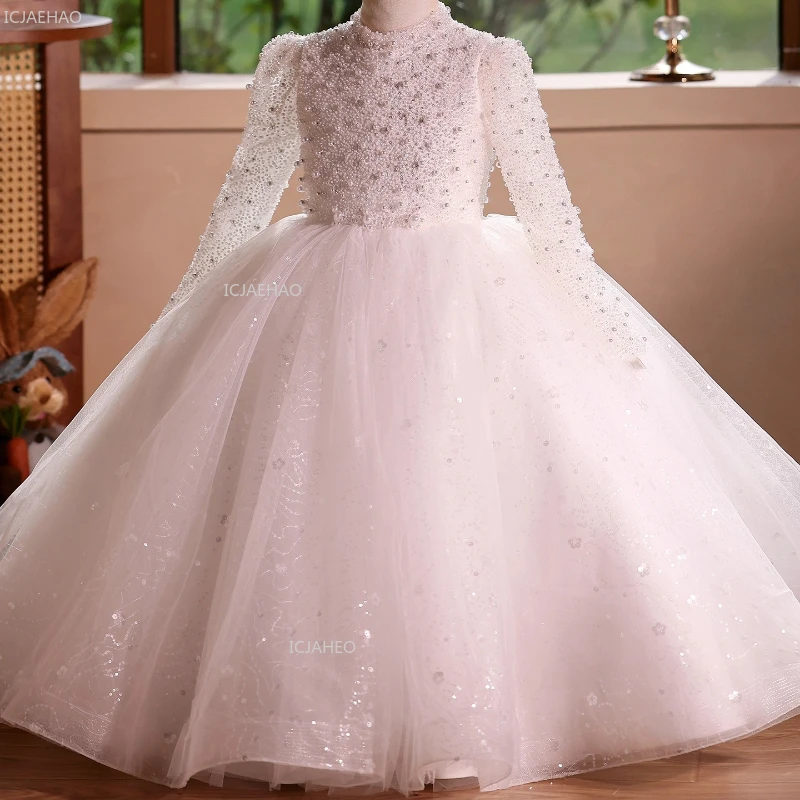

Girls Long Sleeve Princess Gown for Host Piano Performance Fashion Show Pageant Formal Party Dress Children Flower Girl Wedding