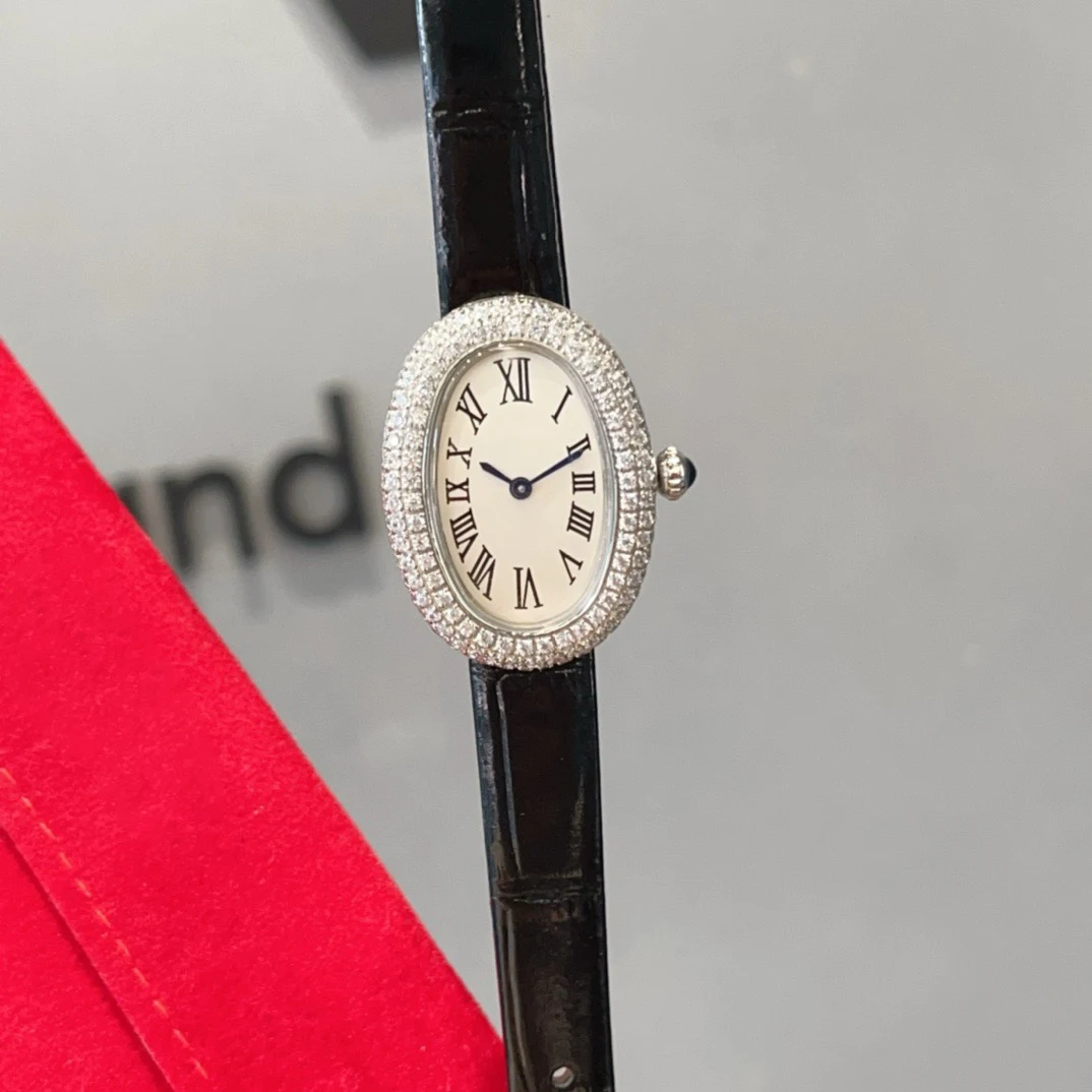 العلامة التجارية ساعات المعصم امرأة فتاة عالية الجودة جميلة 23 مللي متر الماس البيضاوي نمط اليابانية حركة الكوارتز حزام من الجلد على مدار الساعة CT80