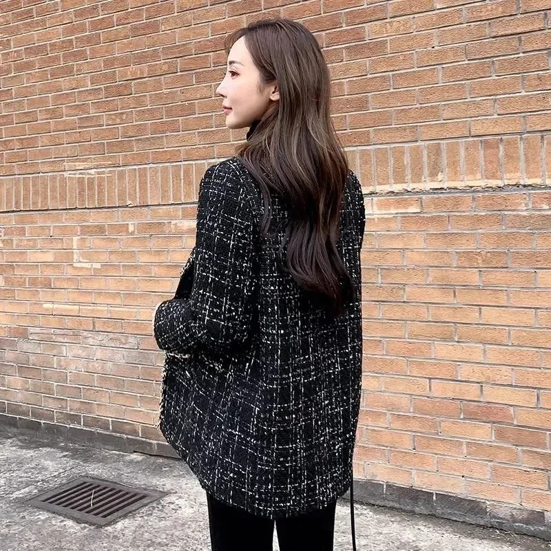 QNPQYX New Thickened Jackets Autumn Ladies Plaid Woolen Coat Small Fragrance Style Rough Flower Ladies Stitching Small Suit