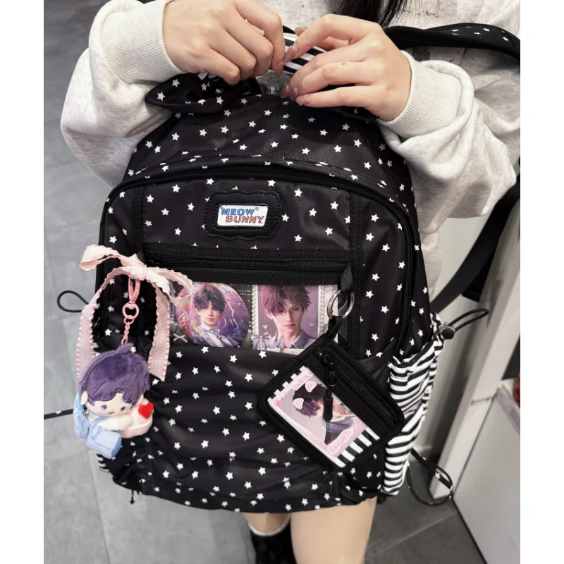 

Light Purple Star Print Ita Backpack, Mesh Window School Bag with Mini Pouch, Kawaii Casual Student Rucksack for Pin Display