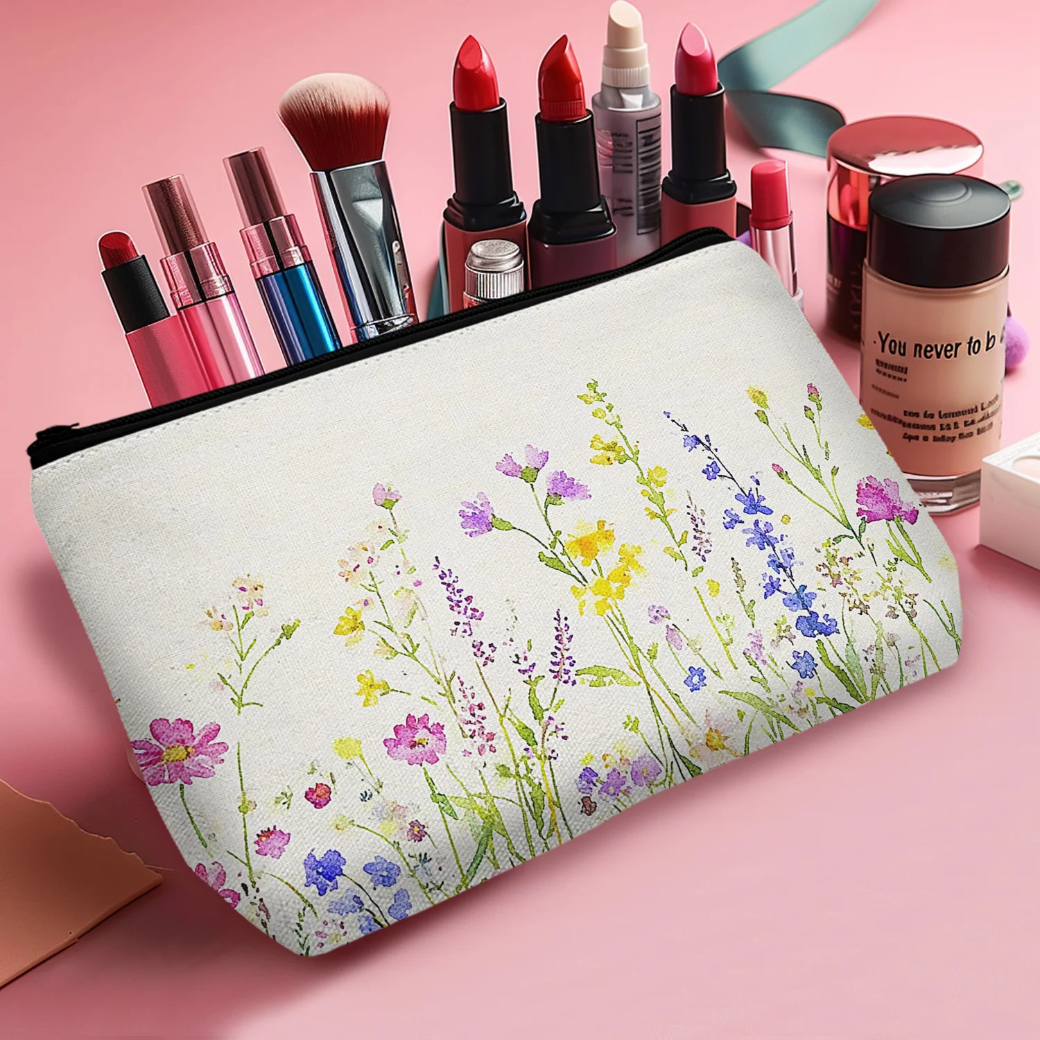 1 Pc Cottagecore Wildflowers Colorful Meadow Flowers Makeup Bag Colorful Floral Cosmetic Bag Best Gift Park Beach 8.66x5.51Inch