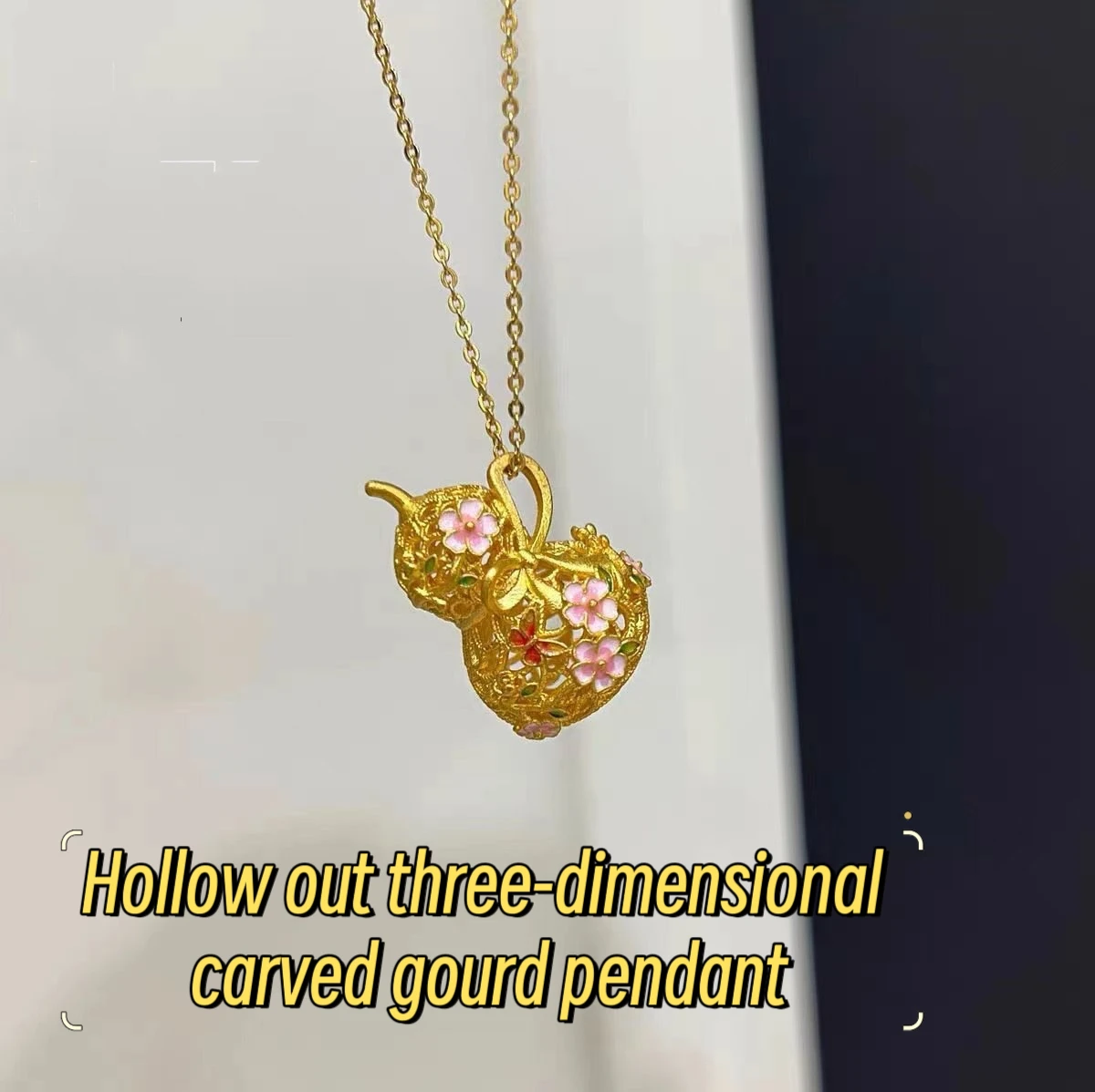 

Chinese style ancient craft carved peach blossom enamel color hollow gourd necklace high quality white collarbone chain