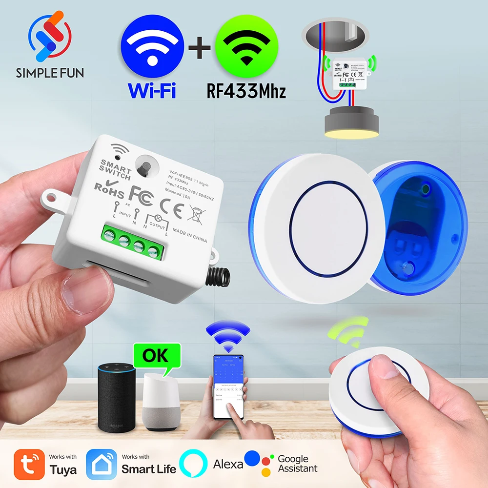 Interruptor de luz inteligente con WiFi para el hogar, miniinterruptor de Panel redondo con Control remoto inalámbrico, RF433Mhz, Tuya, Alexa y