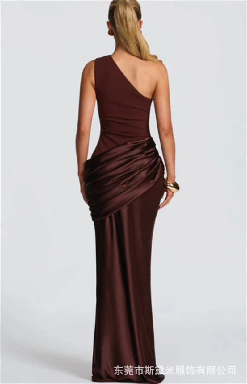 Vestido de fiesta marrón, vestido de fiesta de sirena sin mangas con un hombro Sexy, vestido de noche Formal de satén con volantes para invitados de boda y cumpleaños