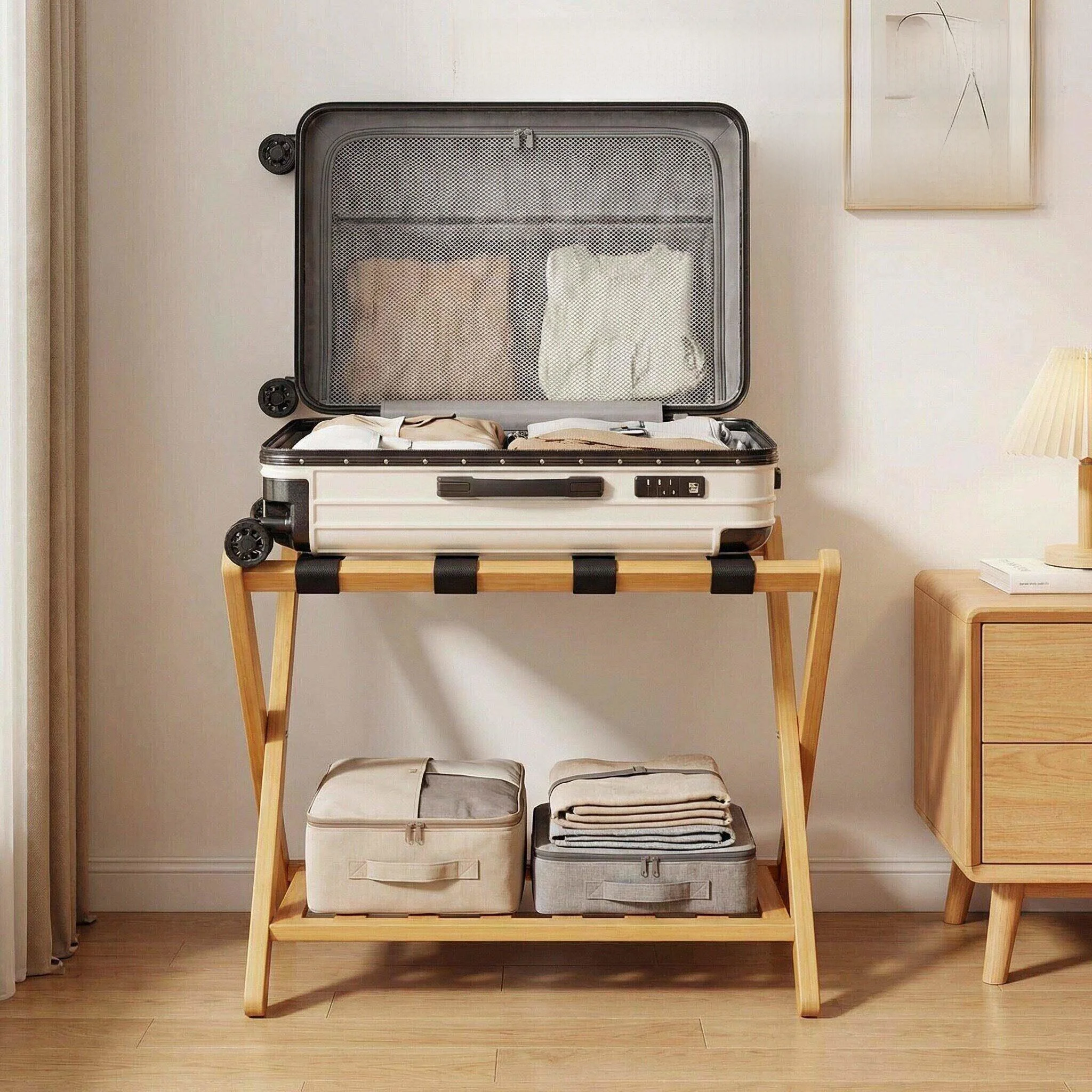 double-layer-luggage-storage-rack-hotel-home-use-bamboo-stackable-suitcase-organizer-shelf-italian-style-kitchen-storage