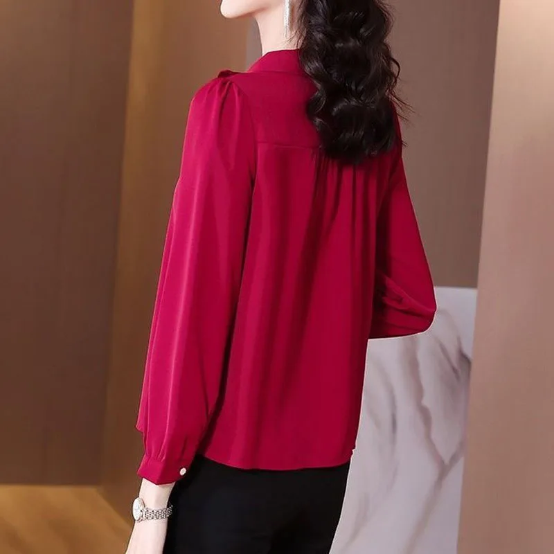 Elegant Commute Bow Turn-down Collar Solid Color Button Shirt Female Korean Long Sleeve Ruffles Blouse Spring Autumn Fashion