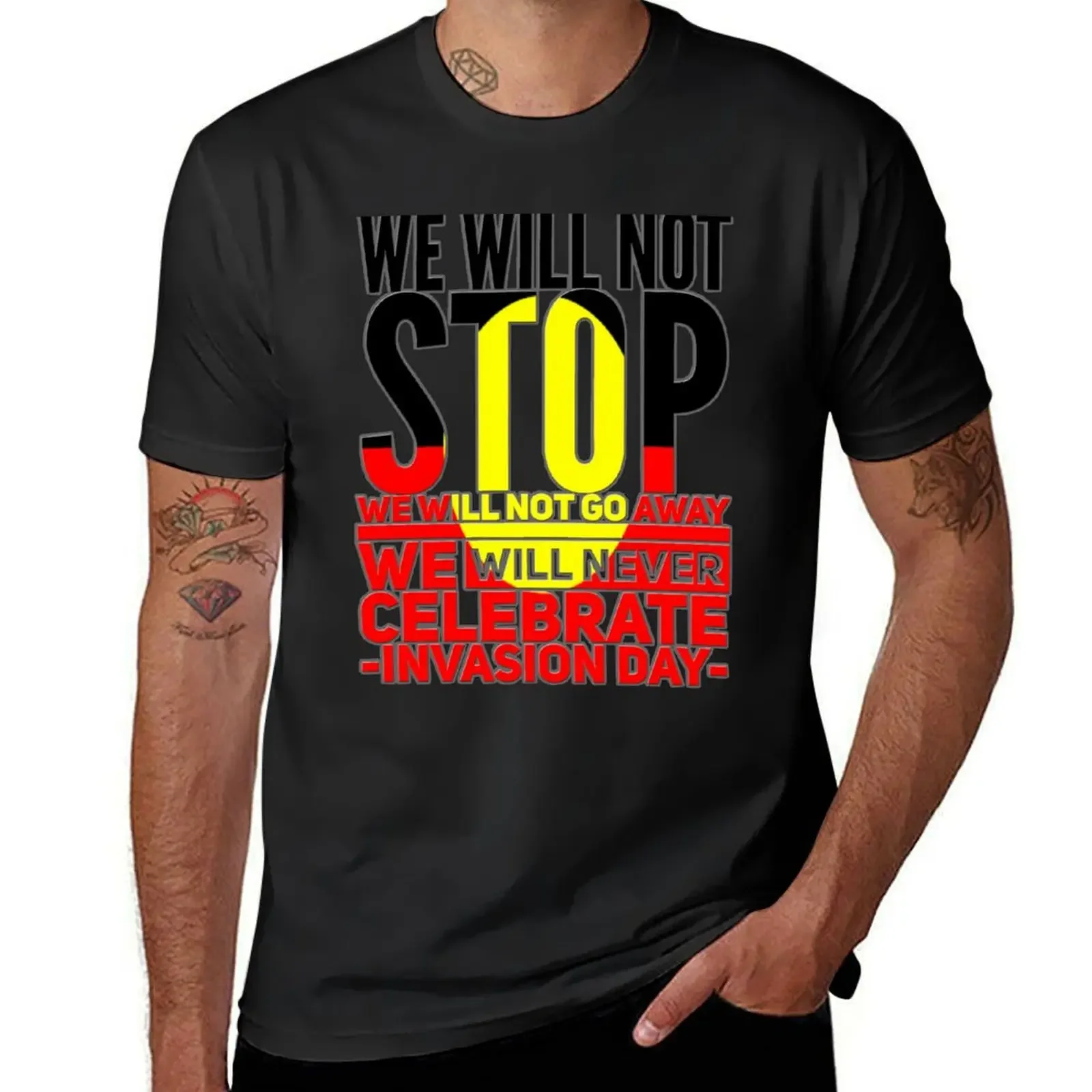 Grey ouline We will not stop we will not go away we will never celebrate Australia Day T-Shirt Man t-shirt mens t shirt graphic