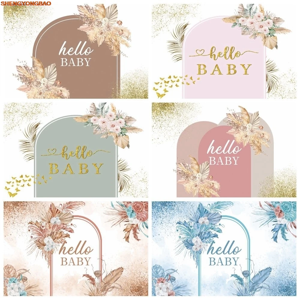 

Boho Pampas Leaves Birthday Party Photography Backdrop Hello Baby Newborn Baby Kids Photography Background Banner Photo Studio