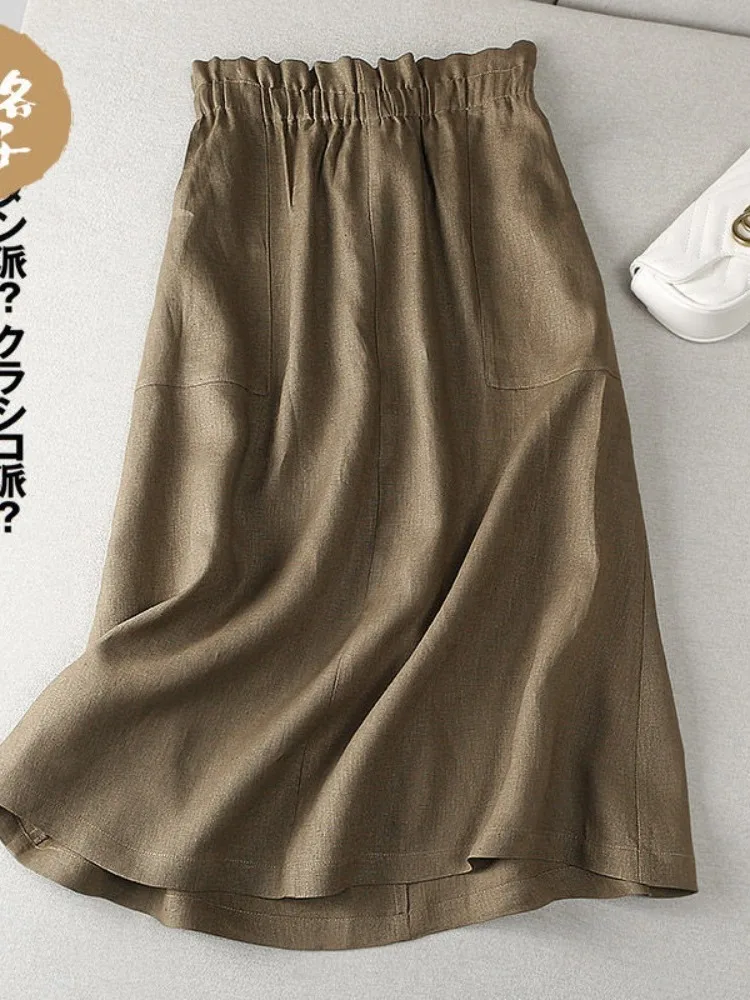

Cotton Linen High Waist A-Line Skirt Pure Color Summer New Casual Midi Skirt Elastic Waist Wide Hem Women's Skirt Texture