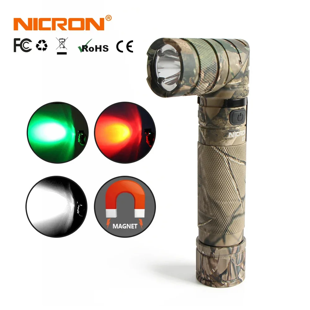 NICRON Magnet 90 Degree Rechargeable LED Flashlight Handfree 1200LM Ultra High Brightness Waterproof Camo Corner LED Torch B70