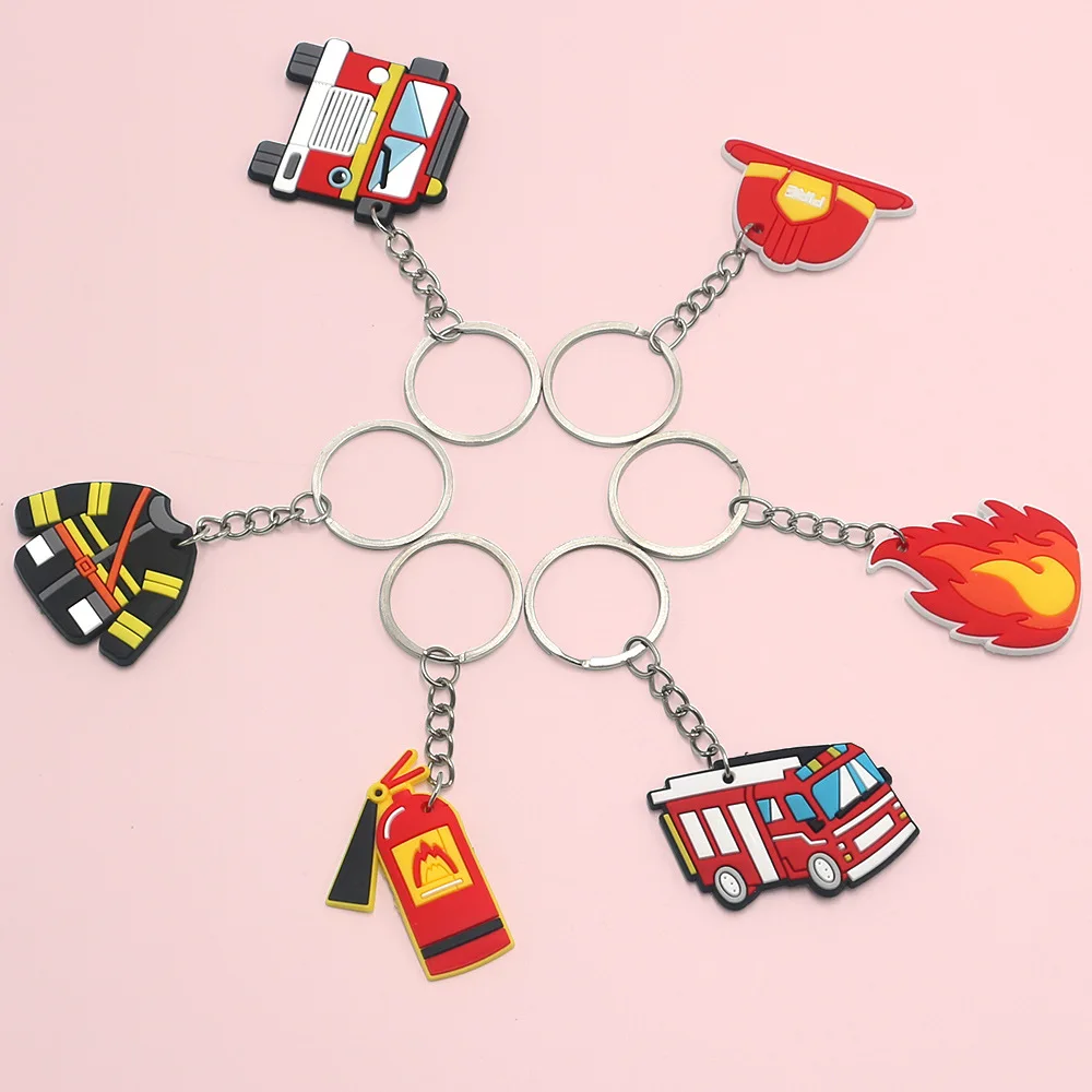 18/24/30pcs Firefighter Keychain Fire Truck Fireman Helmet Flame Silicone Keyring Boys Rescue Theme Birthday Party Favors Gifts view 5