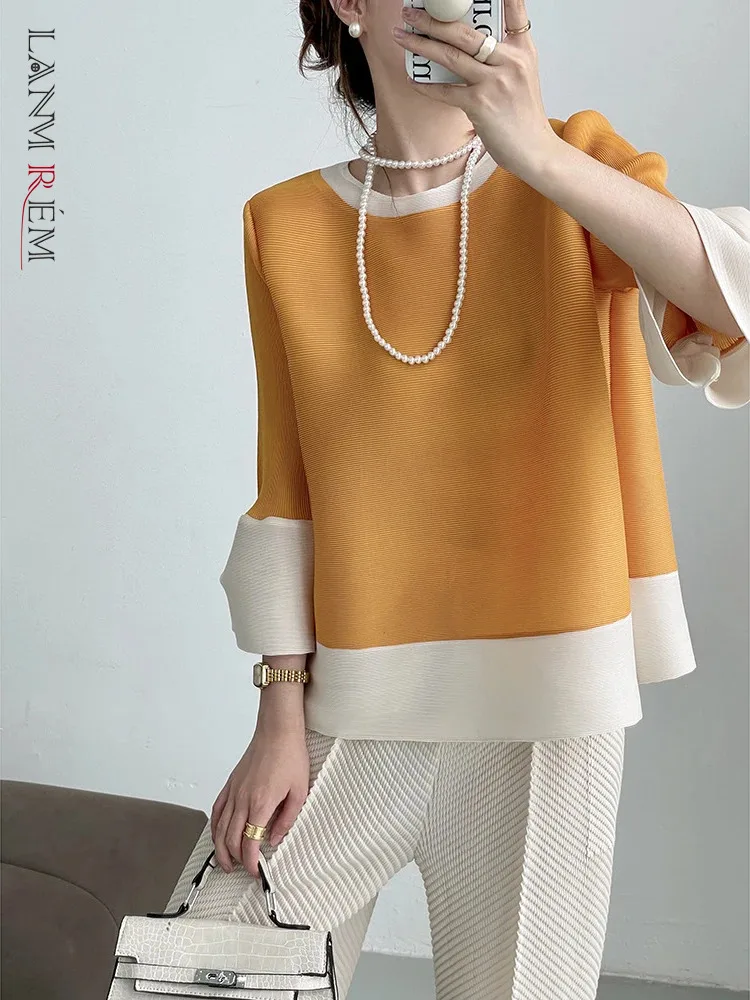 LANMREM Lantern Sleeves Pleated T-shirt For Women Round Neck Color Block Shirt Female Fashion Top 2024 Spring Summer New 2DA3716